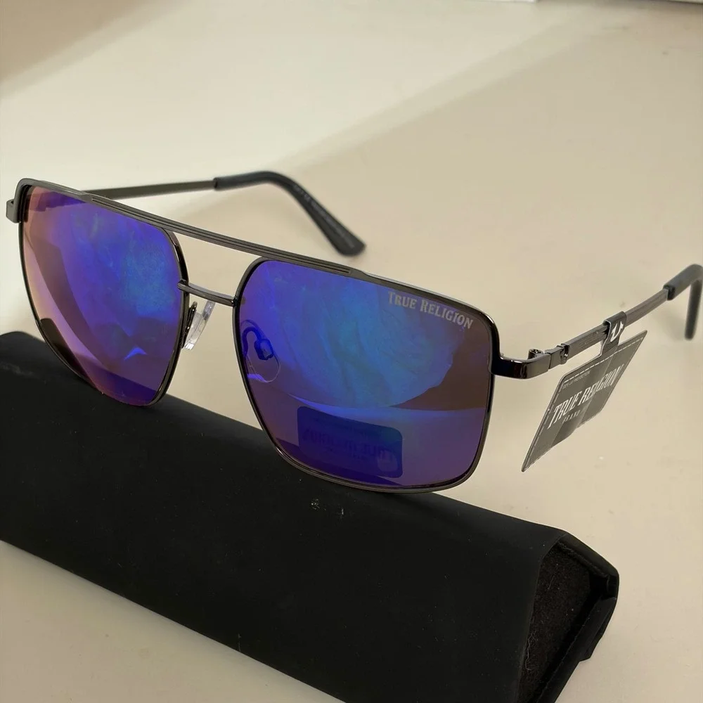 True Religion Unisex Gunmetal Aviator Sunglasses Blue Mirror UV400 TRM1881 NWT